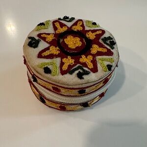Hand-Embroidered Round Trinket Box in Cream, Red & Yellow